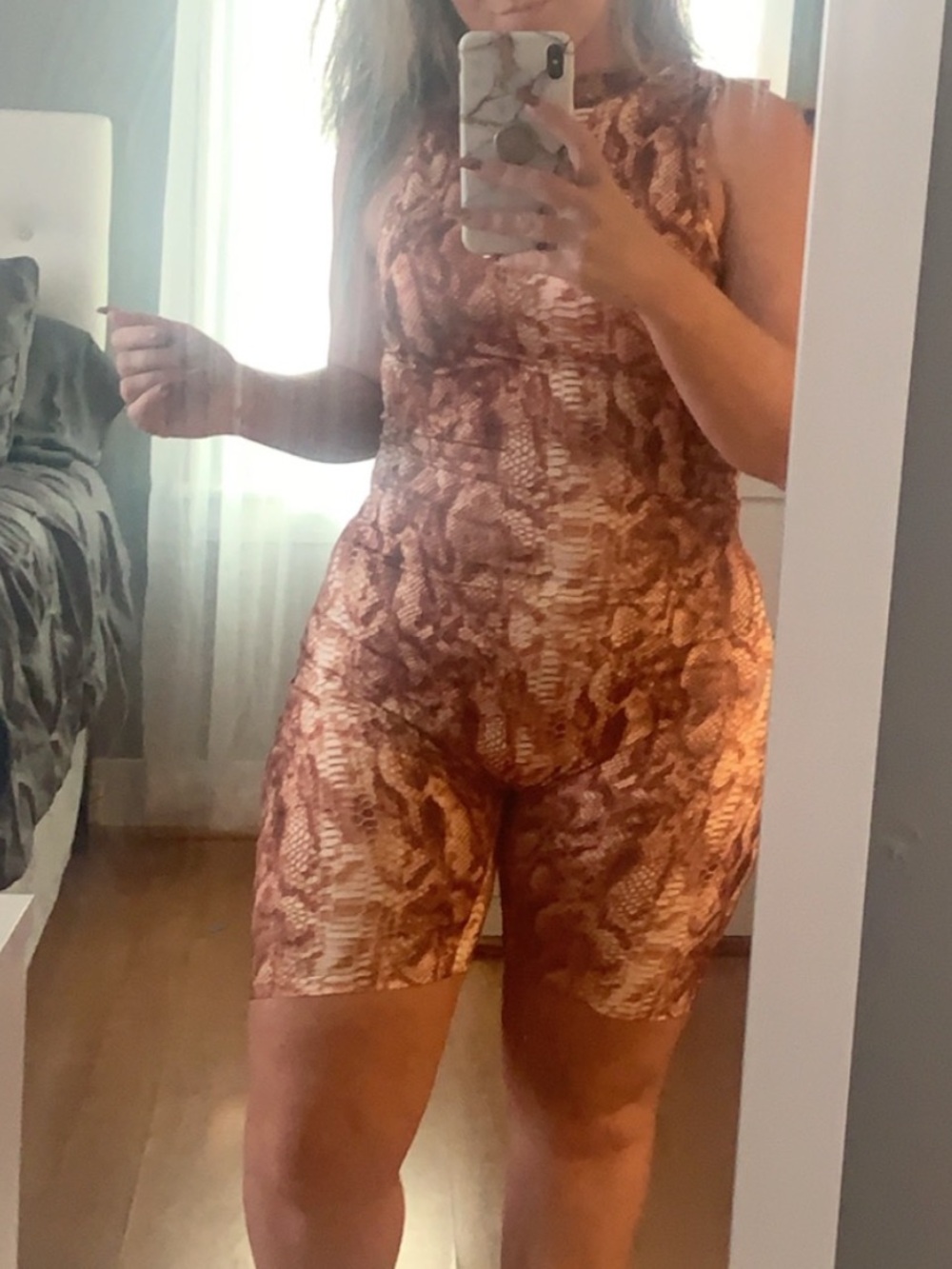 SHEIN Brown Snakeskin Print High-Neck Biker Shorts Romper